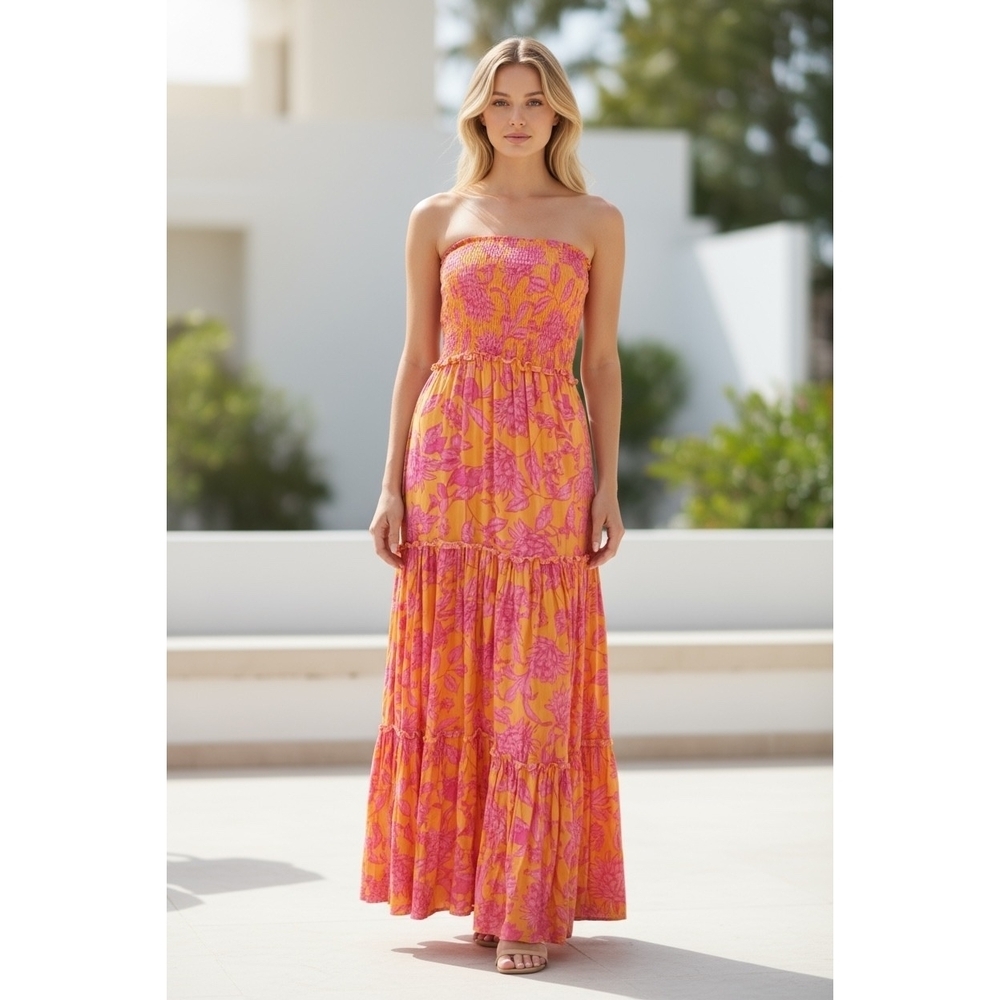 Elegant Strapless Floral Dress - Pink and Orange
